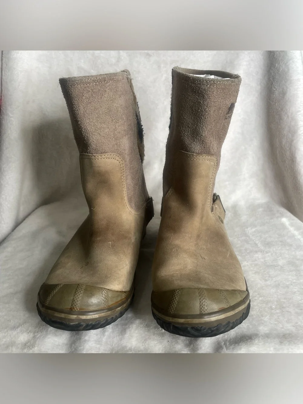 Sorel Slim Shortie Boots Womens 6.5 Beige Leather Suede Aztec Winter Mid Calf